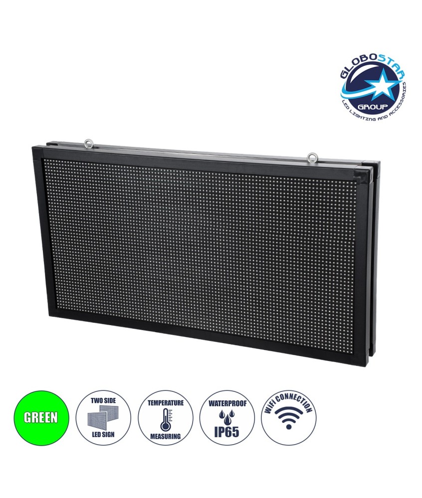 GLOBOSTAR® DISPLAY 90813 Κυλιόμενη Ψηφιακή Επιγραφή 96x48cm P10 Διπλής Όψης LED AC 220-240V Αδιάβροχο IP65 Πράσινο - WiFi Control μέσω FK APP - Αισθητήρας Θερμοκρασίας & Υγρασίας - Μ102 x Π11 x Υ54.5cm - 2 Χρόνια Εγγύηση